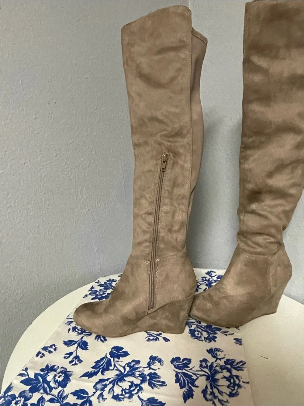 Chinese Laundry Taupe Suede-Look Over-the-Knee Wedge Boots